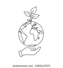 Earth day line con, world green ecology concept, globe with sapling, save clean environment, editable stroke vector illustration