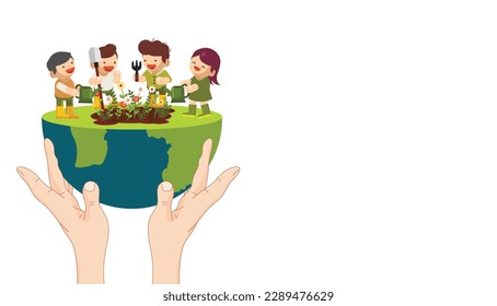 : Earth Day. Little Kids Saving Planet Taking Care of Globe and Planting Trees copy space. hands holding earth with children taking care of globe banner design.