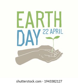 Earth day logo, 22 April. Plant in hand. On paper tone background