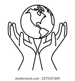 earth day logo, black and white vector line art, two hands down holding earth, american continent view, editable line