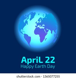  Earth day logo design. World environment day.  Ecology concept. Blue glowing Earth and text April 22 Happy Earth Day on dark blue background.