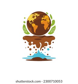 Earth day logo icon, earth vector with green leaf, save earth sign logo