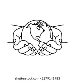 earth day logo, protector of the earth with two hands raised, vector line art icon, editable outline