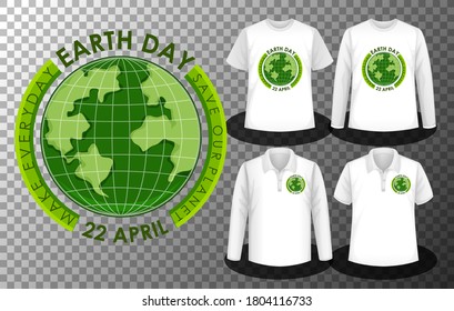 Logo del Día de la Tierra con un juego de diferentes camisas con la pantalla del logo del Día de la Tierra en la ilustración de las camisas