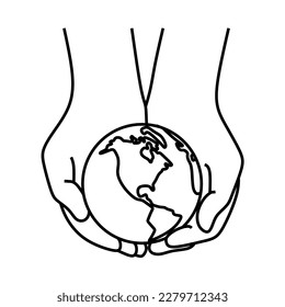 earth day logo, two hands lifting earth from above, line art symbol, editable outline, black and white vector