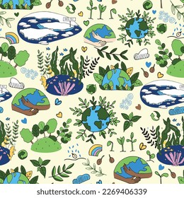 Earth day Love our planet seamless pattern background with planet, sea, forests, and icebergs