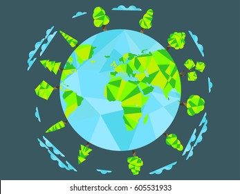 Earth Day.  Low poly planet and polygonal trees. World Environment Day. Vector illustration