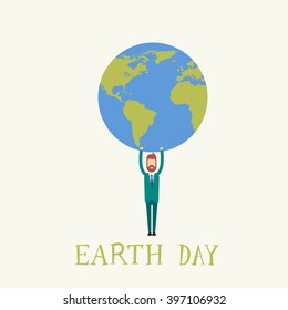 Earth Day Man Hold Globe World Flat Vector Illustration