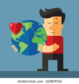 earth day. Man holding globe. Flat vector illustration