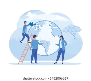 Earth Day Man Save Green Planet Environment. People of World Water Plant for Ecology Celebration Preparation in April. flat vector modern illustration 