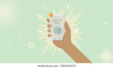 Earth Day Mobile App. Eco Social Media Concept. hand holding smartphone displaying Earth Day app with environmental icons. Earth day on smartphone. Digital Environmentalism. Vector illustration