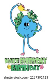 Earth day modern vintage and retro card with Earth globe character. Cute cartoon planet with watering can waters forest trees. Save nature concept. Vector illustration