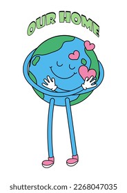 Earth day modern vintage and retro card with Earth globe character. Cute cartoon planet embrace itself. Save nature, self care and love concept. Vector illustration