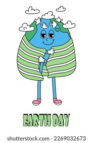 Earth day modern vintage and retro card with Earth globe character. Cute cartoon planet wrapped in ecology flag. Poster template Vector illustration