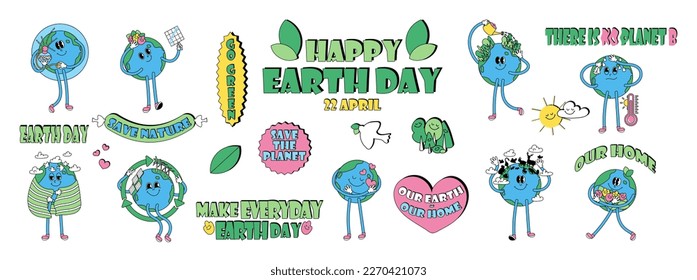 Earth day modern vintage and retro collection with Earth globe characters. Cute cartoon planet with ecology symbols and signs. Save nature quotes. Vector illustration