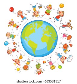 Earth day. Multicultural children on planet earth standing together. International friendship day. Unity people from around the world. In the style of children's drawings. Freehand drawing