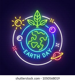 Earth Day neon sign, bright signboard, light banner. Happy Earth Day logo, emblem. Vector illustration