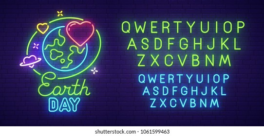 Earth Day neon sign, bright signboard, light banner. Happy Earth Day logo, emblem and label. Neon text edit