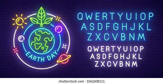 Earth Day neon sign, bright signboard, light banner. Happy Earth Day logo, emblem and label. Neon text edit