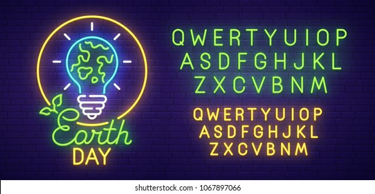 Earth Day neon sign, bright signboard, light banner. Happy Earth Day logo, emblem and label. Neon text edit