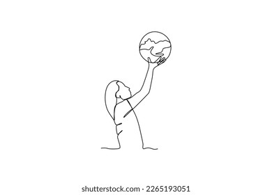 Earth day. One continuous line drawing a woman is protecting the earth from harm. Earth day minimalist concept simple line, vector, love earth, happy erath.