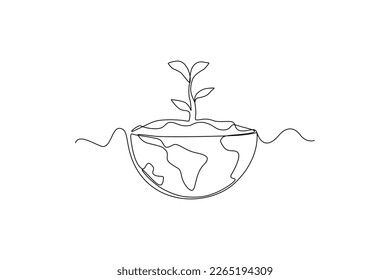 Earth day. One continuous line drawing a plant that grows on the earth, to keep it green. Earth day minimalist concept simple line, vector, love earth, happy life.