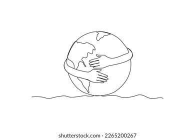 Earth day. One continuous line drawing a people hug earth. Earth day minimalist concept simple line, vector, love earth.