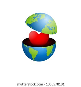 Earth Day. Earth opens in two halves showing the heart inside. Vector illustration.