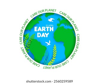 Earth day paper cut banner of world nature for environment conservation, vector symbol. Save planet on earth day, papercut banner with green continents, oceans and dove for ecology protection