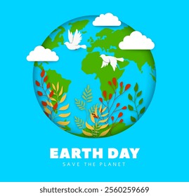 Earth day paper cut banner featuring the planet earth with white doves, clouds, and lush foliage inside of 3d papercut frame. Vector art promotes environmental awareness and the beauty of our planet