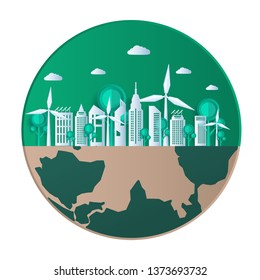 Earth Day paper cut style. Eco Friendly, green city nature and renewable energy concept. Paper art Vector Illustration.