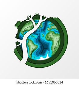Earth Day papercut concept. Vector Illustration in paper art origami style. Eco friendly brochure concept. Background for world environment day. Save the earth and mother nature. Green day.