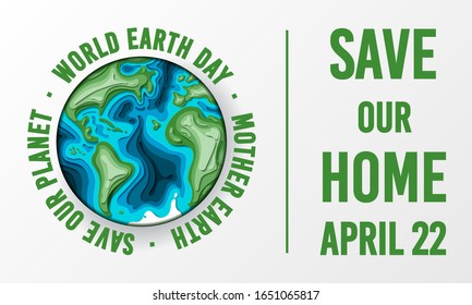 Earth Day papercut concept. Vector Illustration in paper art origami style. Eco friendly brochure concept. Background for world environment day. Save the earth and mother nature. Green day.