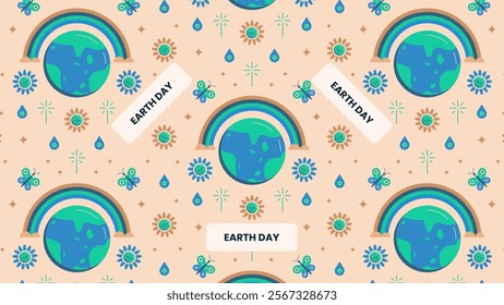 Earth Day pattern design with calm smiley's, globes, flowers, and more. Vector illustration.