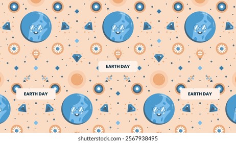 Earth Day pattern design with cool smiley's, globes, flowers, and more. Vector illustration.