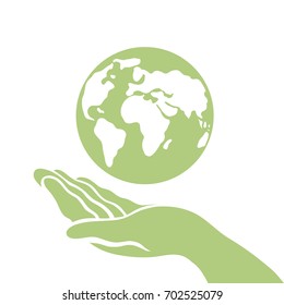Earth Day. Day of Peace. Ecological poster. Saving the planet. Hand of man and the planet Earth. Vector illustration.