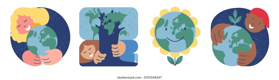 Earth Day! People caring about planet, tree-shaped Earth and flower world. People trying to Save Planet Earth.  Hand drawn vector illustration