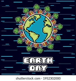 Earth day pixel art. Earth with a metropolis - Vector illustration
