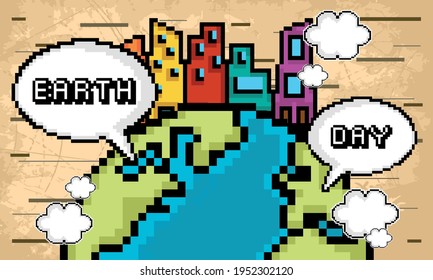 Earth day pixel art. Earth with a metropolis - Vector illustration