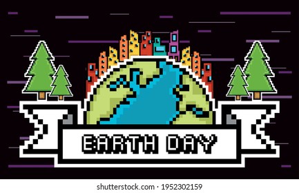 Earth day pixel art. Earth with a metropolis - Vector illustration