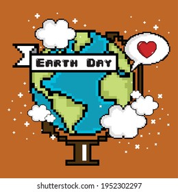 Arte de píxel en el día de la Tierra con texto - Ilustración vectorial