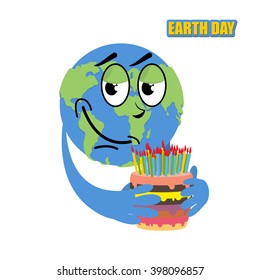 Earth Day. Planet and cake. holiday big pie with candles. Birthday  Cheerful Globe. Cute planet. World map