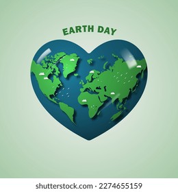 Earth Day. Planet earth in the form of a heart with clouds and birds. Vector illustration.