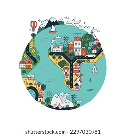 Earth Day Planet Map. Vector Illustration of Outline and Colorful Travel and Ecology Concept.