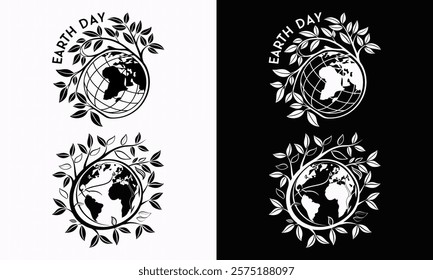 Earth Day Planet Symbol,earth with leaves earth day april 22 vector illustration  EPS10 in black and white colour background.Earth Day Icons.
