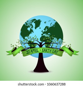 Earth Day. Earth planet with tree and green ribbon on white background