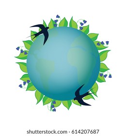 Earth Day. Planet in a wreath with leaves and blue bells. A pair of swallows hovers over the ground.