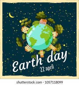 Earth day, planets in a background of space, trees and homes, vector, cartoon style, illustration, isolated