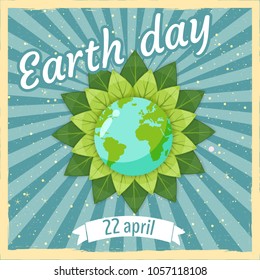 Earth day, planets earth in a stylized flower against a background of space, retro, vintage, vector, cartoon style, illustration, isolated