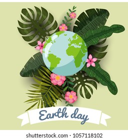 Earth day, planets in a stylized tropical leaves and flowers, vector, cartoon style, illustration, isolated